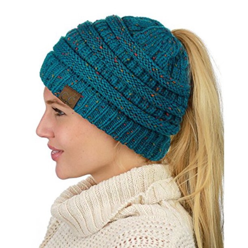 C.C Teal Confetti Beanie with Messy Bun/Ponytail hole